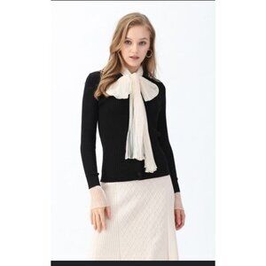 Chicwish Women’s MESH BOW NECK LONG SLEEVES RIBBED KNIT TOP SIZE S/M